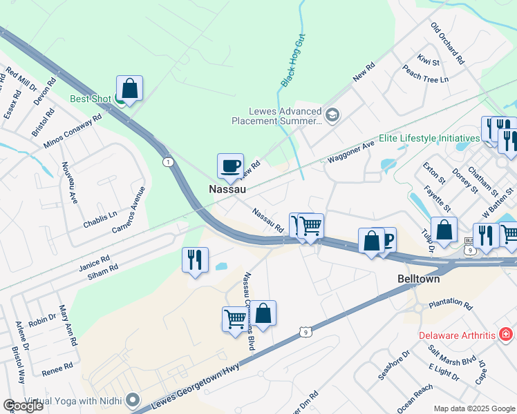 map of restaurants, bars, coffee shops, grocery stores, and more near 32245 Nassau Road in Lewes