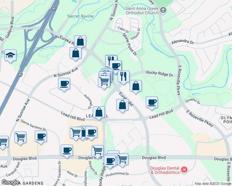 map of restaurants, bars, coffee shops, grocery stores, and more near 1500 Eureka Road in Roseville