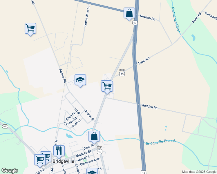 map of restaurants, bars, coffee shops, grocery stores, and more near North Main Street in Bridgeville