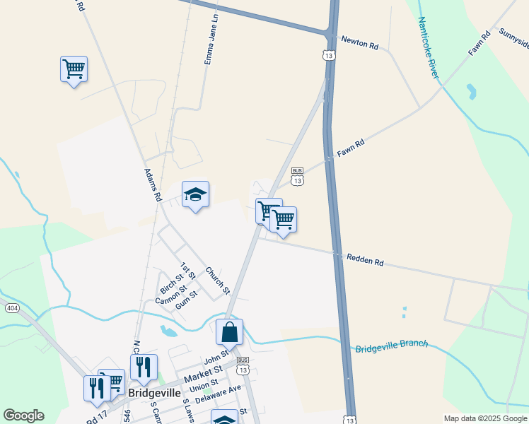 map of restaurants, bars, coffee shops, grocery stores, and more near North Main Street in Bridgeville