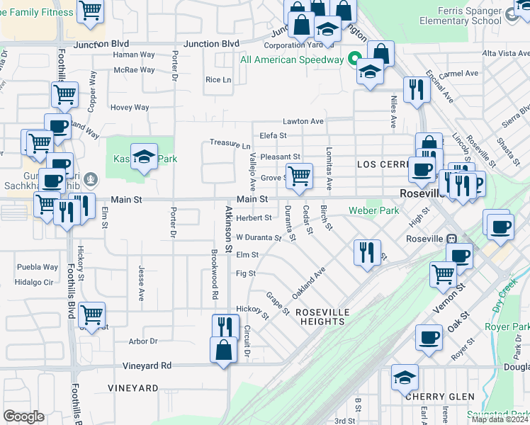 map of restaurants, bars, coffee shops, grocery stores, and more near 810 Herbert Street in Roseville