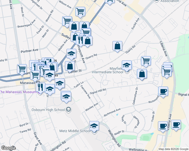 map of restaurants, bars, coffee shops, grocery stores, and more near 8858 Old Lewis Court in Manassas