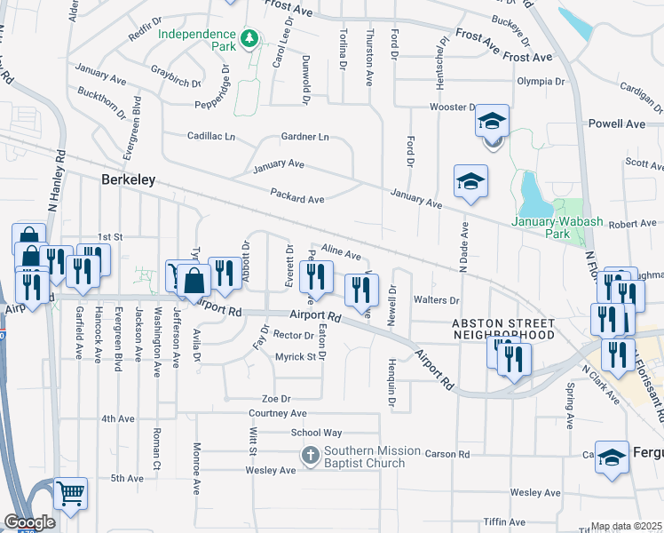 map of restaurants, bars, coffee shops, grocery stores, and more near 8041 Busiek Avenue in St. Louis