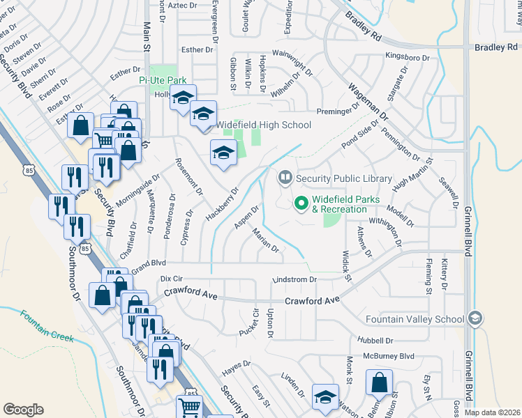 map of restaurants, bars, coffee shops, grocery stores, and more near 613 Aspen Drive in Colorado Springs