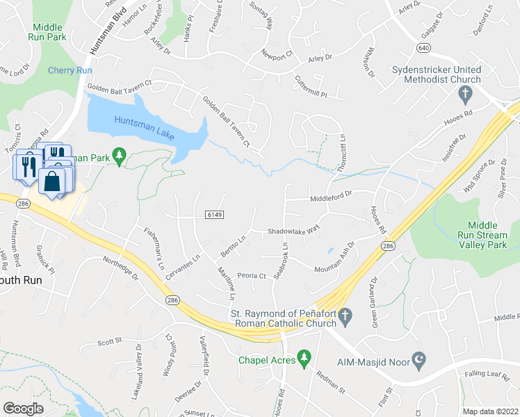 map of restaurants, bars, coffee shops, grocery stores, and more near 7605 Bertito Lane in Springfield