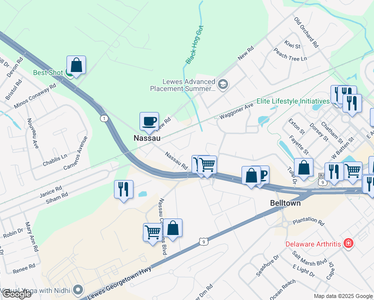 map of restaurants, bars, coffee shops, grocery stores, and more near 32283 Nassau Road in Lewes