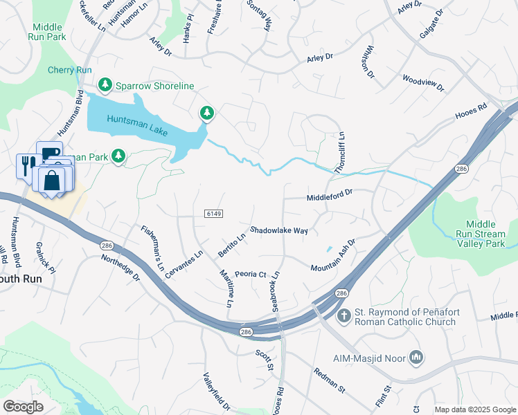map of restaurants, bars, coffee shops, grocery stores, and more near 7605 Bertito Lane in Springfield