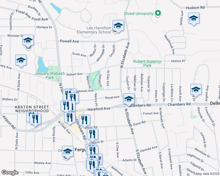 map of restaurants, bars, coffee shops, grocery stores, and more near 410 Thoroughman Avenue in Ferguson