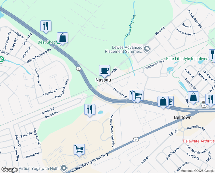 map of restaurants, bars, coffee shops, grocery stores, and more near 17003 Kaeleigh Court in Lewes