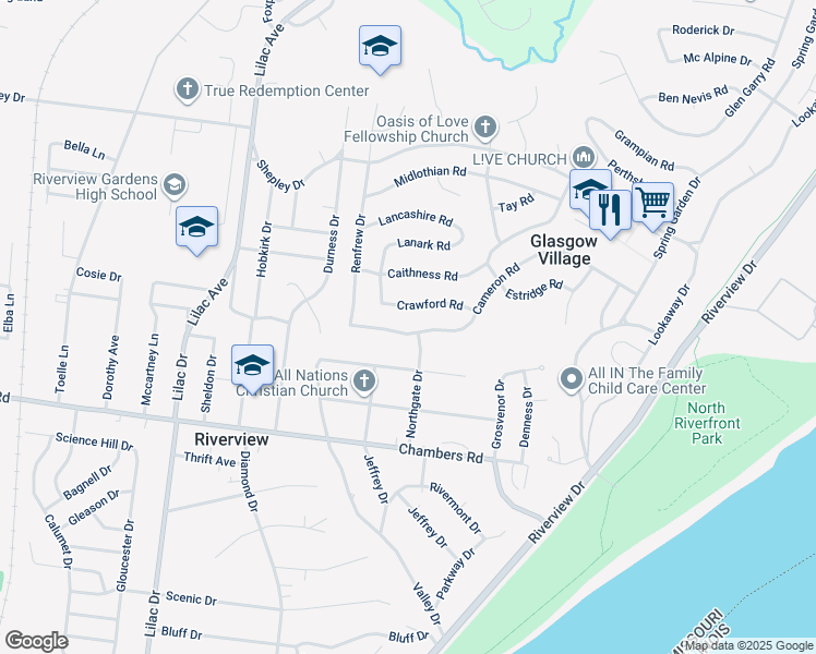 map of restaurants, bars, coffee shops, grocery stores, and more near 384 Cameron Road in St. Louis