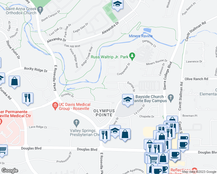 map of restaurants, bars, coffee shops, grocery stores, and more near 324 Kristou Court in Roseville