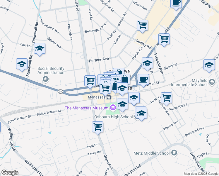 map of restaurants, bars, coffee shops, grocery stores, and more near 9405 Battle Street in Manassas