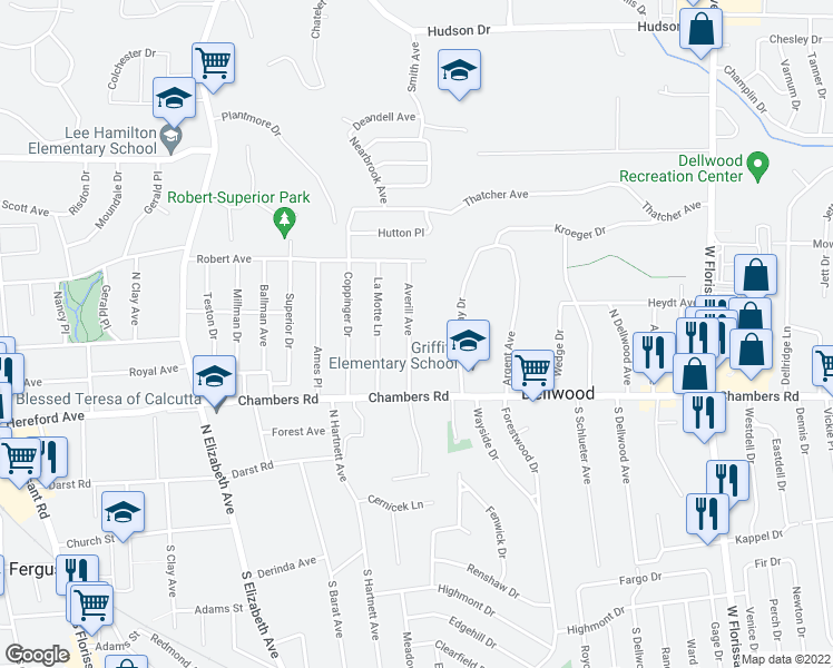 map of restaurants, bars, coffee shops, grocery stores, and more near 404 Averill Avenue in St. Louis