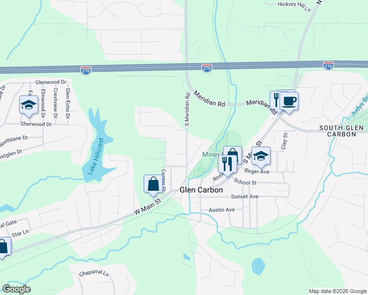 map of restaurants, bars, coffee shops, grocery stores, and more near in Glen Carbon