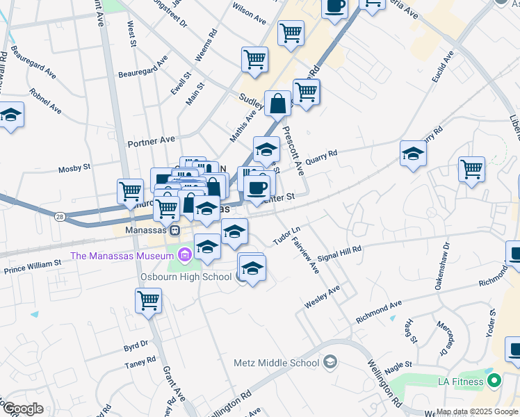 map of restaurants, bars, coffee shops, grocery stores, and more near 8957 Center Street in Manassas