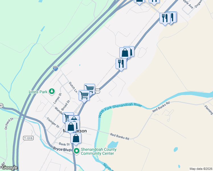map of restaurants, bars, coffee shops, grocery stores, and more near 5722 Main Street in Mount Jackson