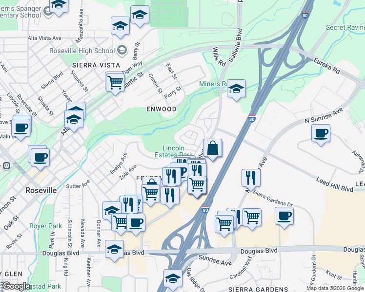map of restaurants, bars, coffee shops, grocery stores, and more near 235 Macario Court in Roseville