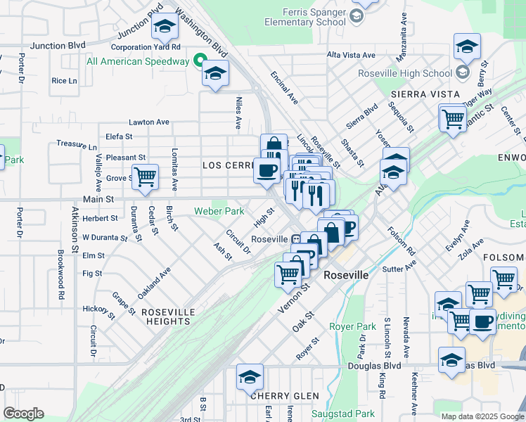map of restaurants, bars, coffee shops, grocery stores, and more near 200 North Grant Street in Roseville