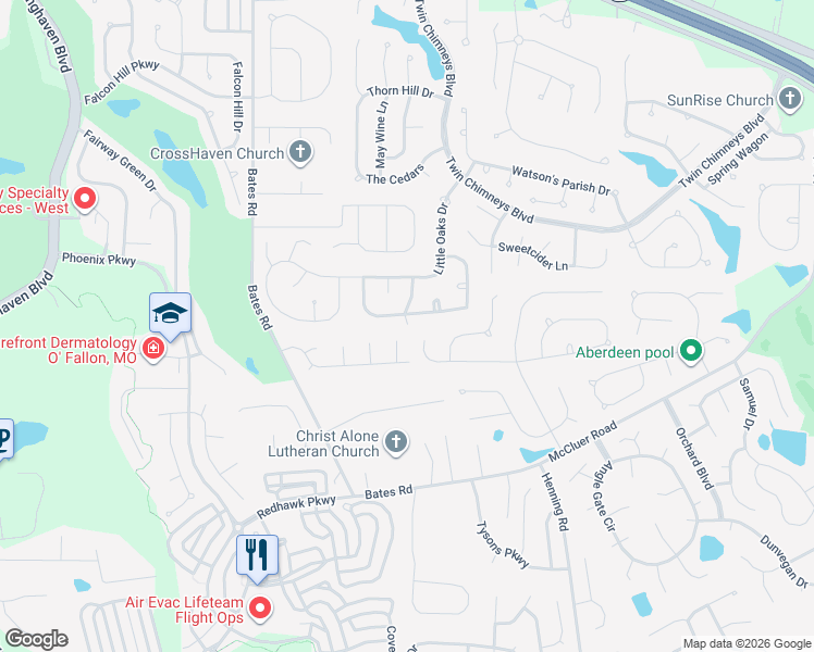 map of restaurants, bars, coffee shops, grocery stores, and more near in Dardenne Prairie