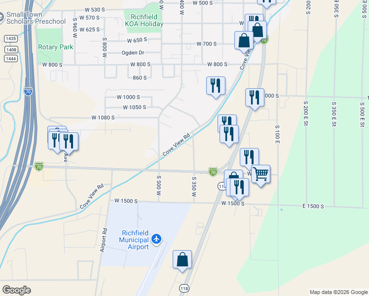map of restaurants, bars, coffee shops, grocery stores, and more near 1170 Cove View Road in Richfield