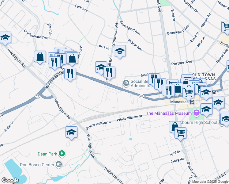 map of restaurants, bars, coffee shops, grocery stores, and more near 9502 Lee Court in Manassas