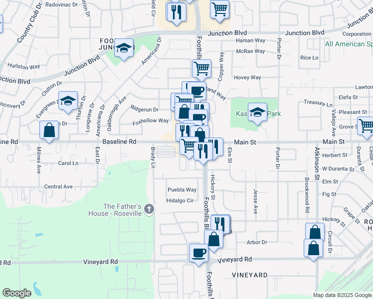 map of restaurants, bars, coffee shops, grocery stores, and more near 1251 Baseline Road in Roseville