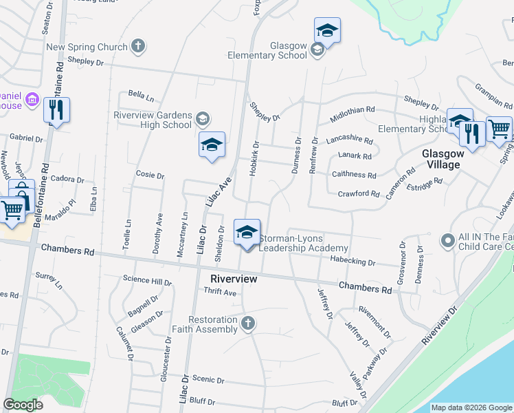 map of restaurants, bars, coffee shops, grocery stores, and more near 480 Kirkwall Drive in St. Louis