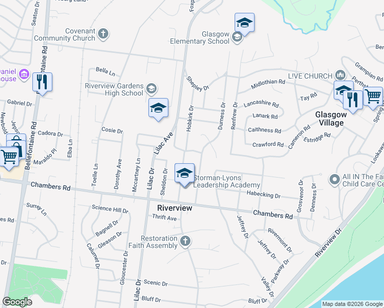 map of restaurants, bars, coffee shops, grocery stores, and more near 480 Kirkwall Drive in St. Louis