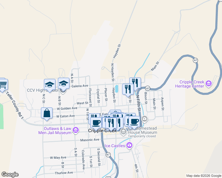map of restaurants, bars, coffee shops, grocery stores, and more near 137 Hayden Street in Cripple Creek