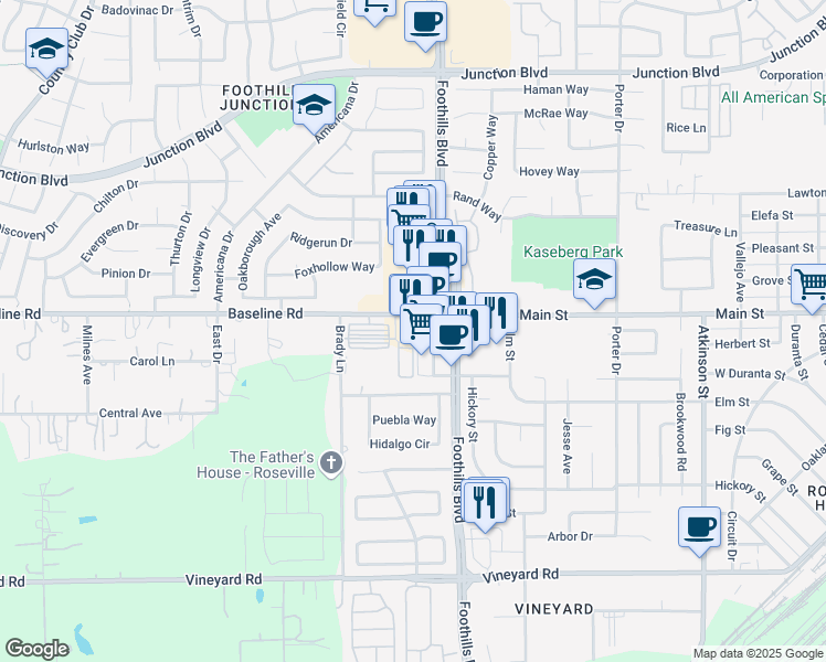 map of restaurants, bars, coffee shops, grocery stores, and more near 1251 Baseline Road in Roseville