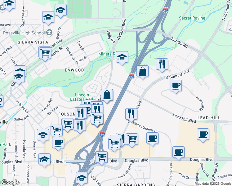 map of restaurants, bars, coffee shops, grocery stores, and more near 250 Harding Boulevard in Roseville