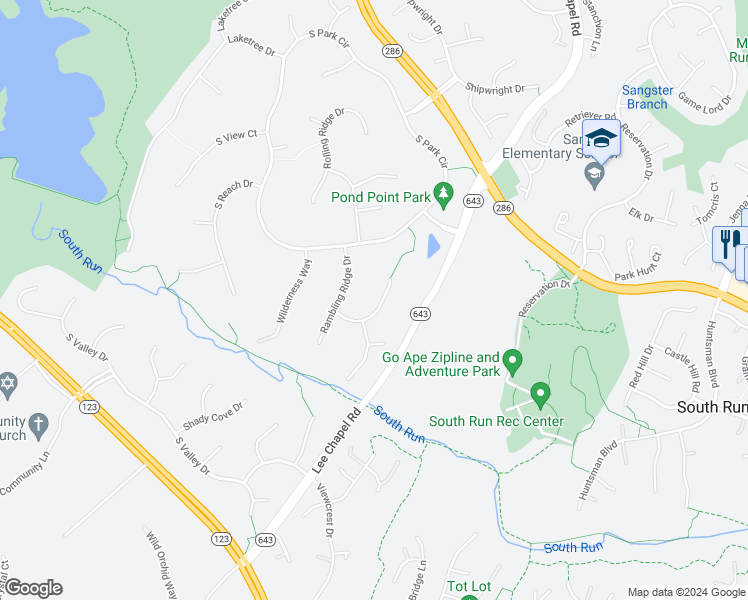map of restaurants, bars, coffee shops, grocery stores, and more near 9708 Rambling Ridge Court in Fairfax Station