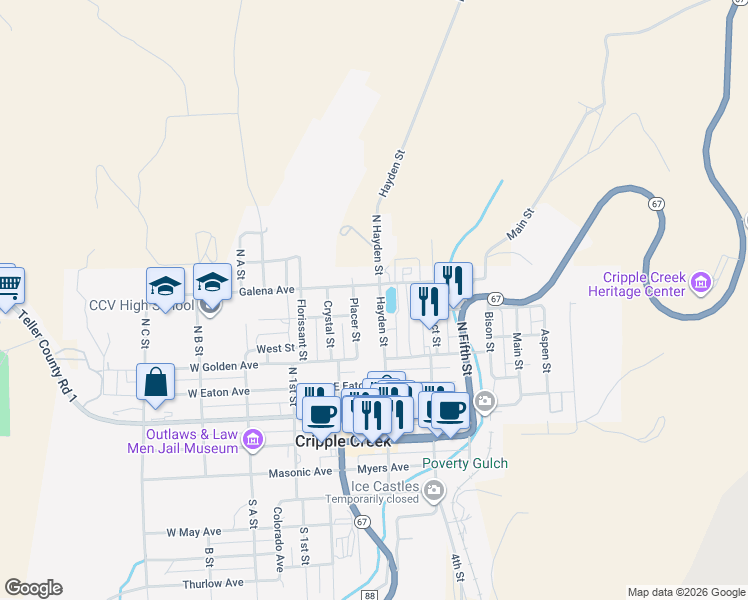 map of restaurants, bars, coffee shops, grocery stores, and more near 137 Hayden Street in Cripple Creek