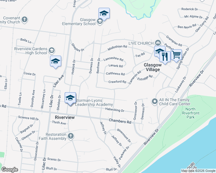 map of restaurants, bars, coffee shops, grocery stores, and more near 426 Cameron Road in St. Louis