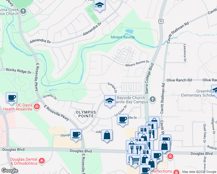 map of restaurants, bars, coffee shops, grocery stores, and more near 133 Artemis Court in Roseville