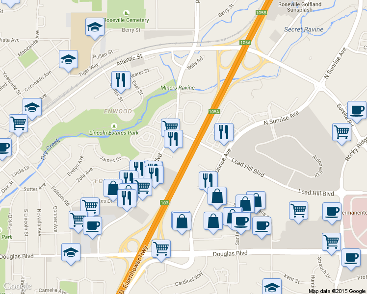 map of restaurants, bars, coffee shops, grocery stores, and more near 250 Harding Boulevard in Roseville
