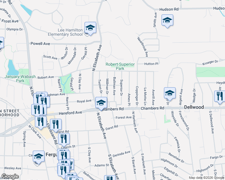 map of restaurants, bars, coffee shops, grocery stores, and more near 321 Ballman Avenue in Ferguson
