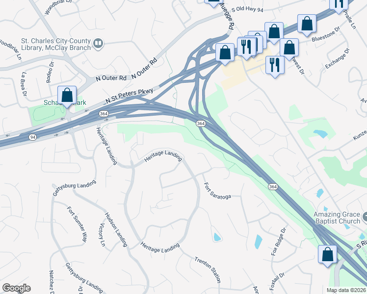 map of restaurants, bars, coffee shops, grocery stores, and more near 1427 Heritage Landing in Saint Charles