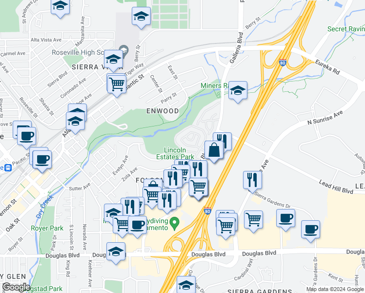 map of restaurants, bars, coffee shops, grocery stores, and more near 247 Breuner Drive in Roseville