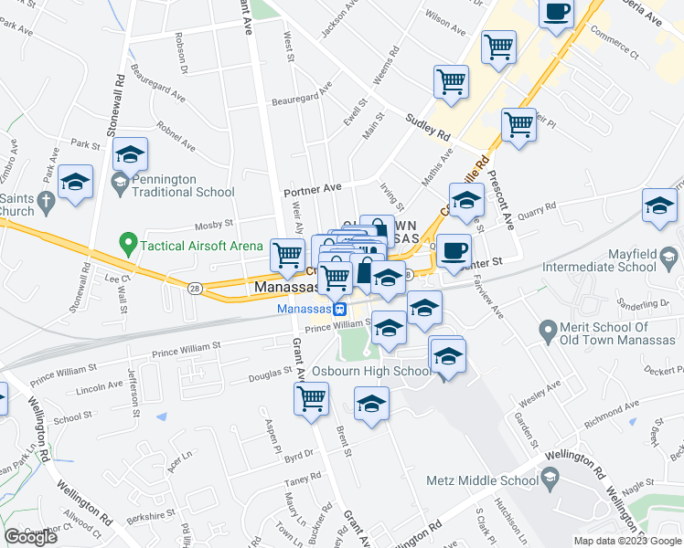 map of restaurants, bars, coffee shops, grocery stores, and more near 9404 Battle Street in Manassas