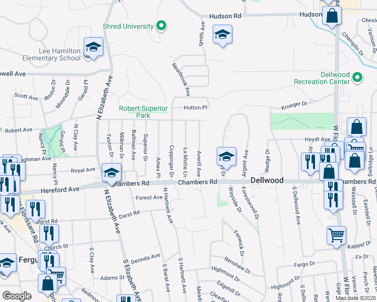 map of restaurants, bars, coffee shops, grocery stores, and more near 326 La Motte Lane in Ferguson