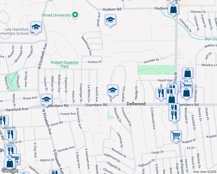 map of restaurants, bars, coffee shops, grocery stores, and more near 233 Day Drive in Ferguson