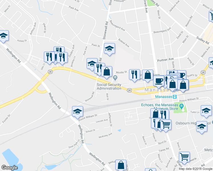 map of restaurants, bars, coffee shops, grocery stores, and more near 9508 Lee Court in Manassas