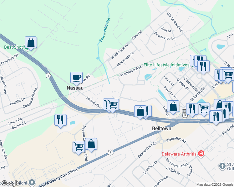 map of restaurants, bars, coffee shops, grocery stores, and more near 141 Tulip Drive in Lewes