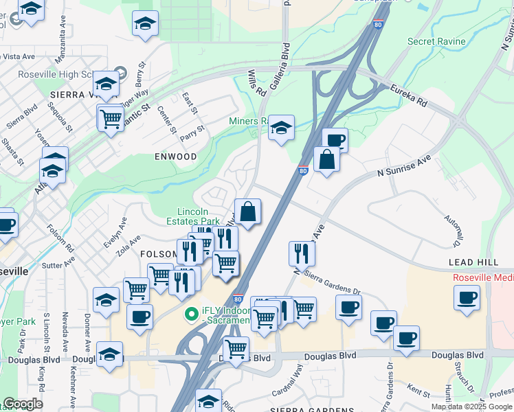 map of restaurants, bars, coffee shops, grocery stores, and more near 250 Harding Boulevard in Roseville