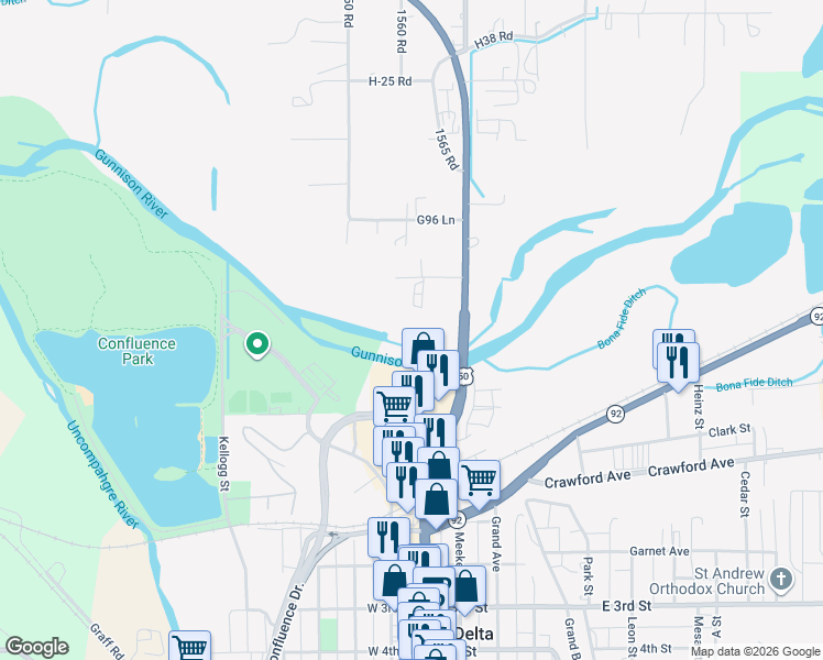 map of restaurants, bars, coffee shops, grocery stores, and more near 1553 G 86 Lane in Delta