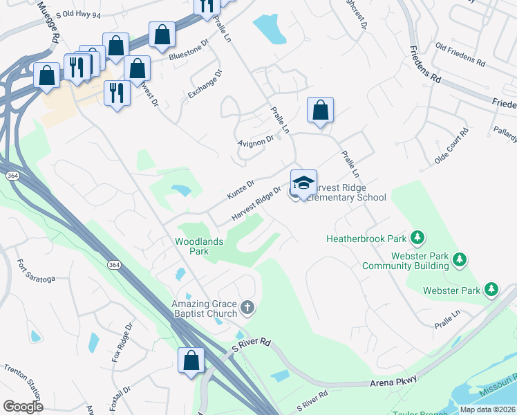 map of restaurants, bars, coffee shops, grocery stores, and more near 2 Red Cedar Court in Saint Charles