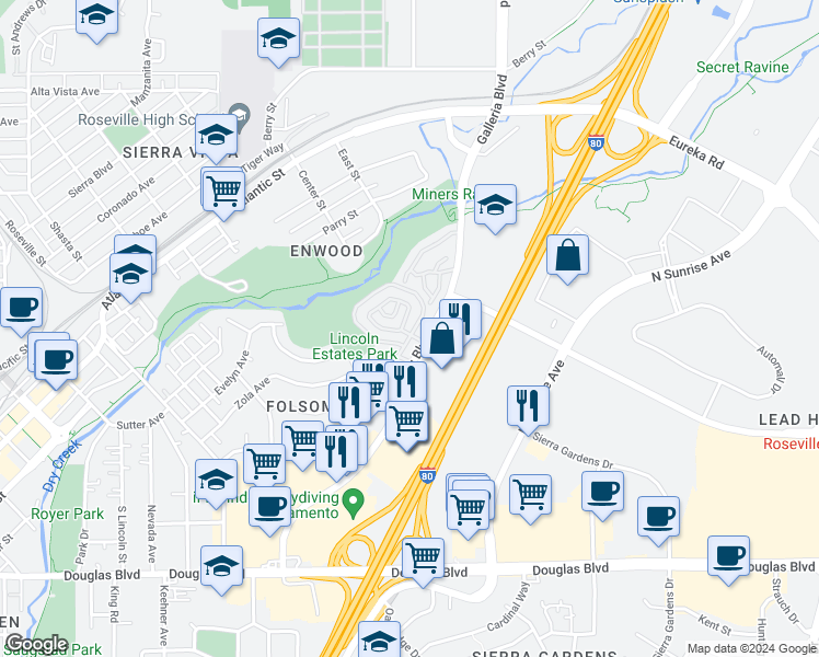 map of restaurants, bars, coffee shops, grocery stores, and more near 287 Sharp Circle in Roseville