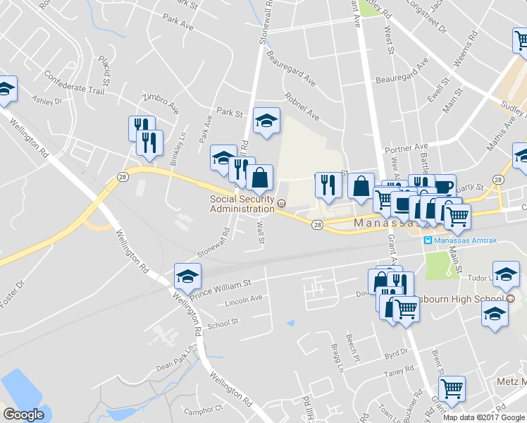 map of restaurants, bars, coffee shops, grocery stores, and more near 9515 Center Street in Manassas