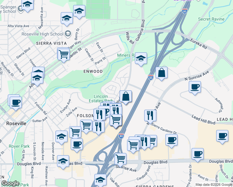 map of restaurants, bars, coffee shops, grocery stores, and more near 287 Sharp Circle in Roseville